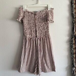 J for Justify Romper - Smocked Off-Shoulder Top / Stripes in Burgundy and Cream